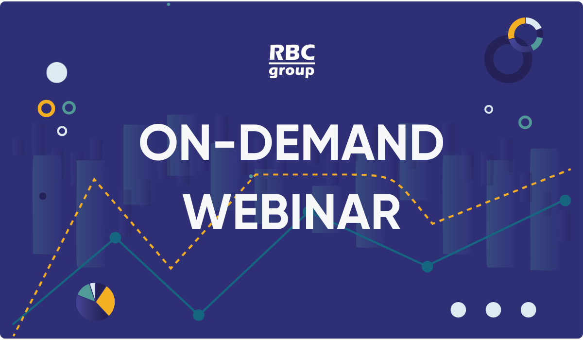 Баннер вебинара RBC Group по аналитике и управлению данными — доступ по запросу Фирменное изображение RBC Group с надписью «On-Demand Webinar», фоном из графиков и диаграмм, символизирующее вебинар по цифровой трансформации, бизнес-аналитике и использованию инструментов визуализации данных.